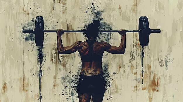 Photo strong female weightlifter lifting heavy barbell in abstract artistic background