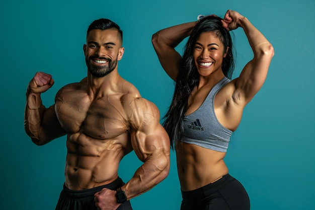 Strong Fit Couple in Gym Highlighting Muscular Builds and Determination During Intense Workout Sessi