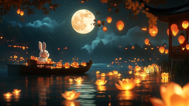 Photo a strong glowdisney styleduring the midautumn festival a white rabbit the night sky and the mo