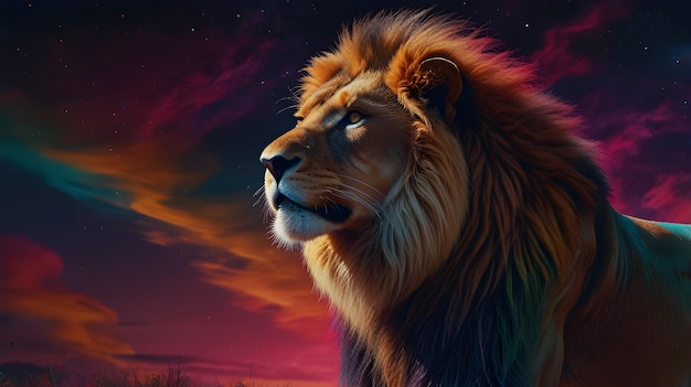 a strong lion with a colorful sky behind it background wallpaper proud lion