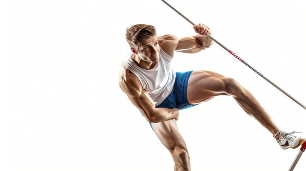 Photo a strong male pole vaulter midjump against a white background