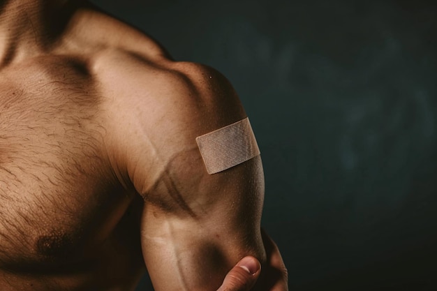 Strong man displaying his arm with a bandage after getting vaccinated