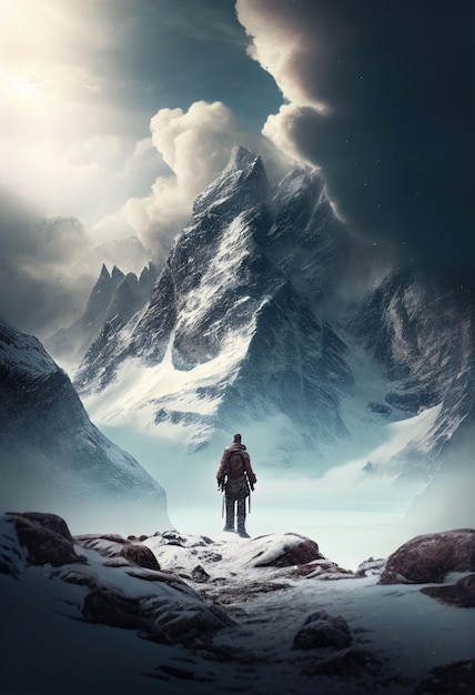 Strong man hiking to peak of snow mountain on cold winter Created with Generative AI technology