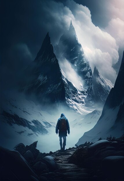 Strong man hiking to peak of snow mountain on cold winter Created with Generative AI technology