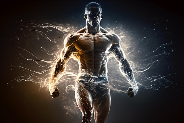 Strong man in lightning flashes athlete silhouette with energy generative AI