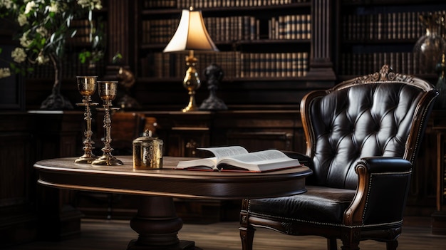 A strong massive chair and an expensive wooden table in a luxuriously furnished room