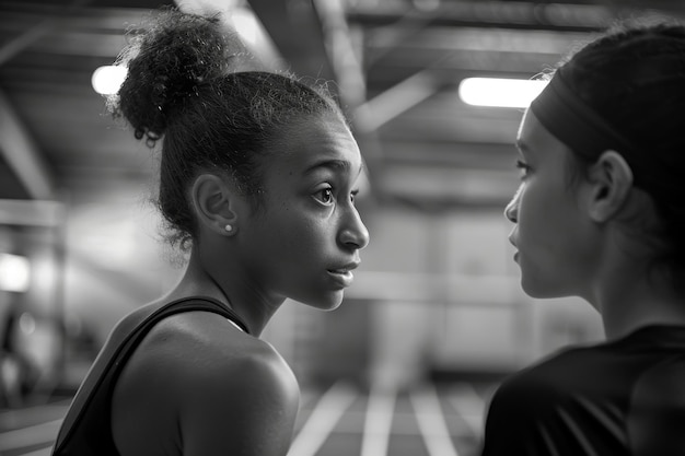 Photo strong mentorship bond of a young female athlete and coach in training session black and white photography