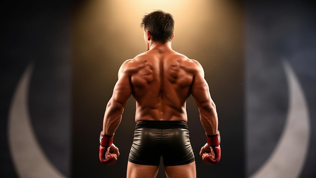 Strong muscular fighter hiding face from camera illustration