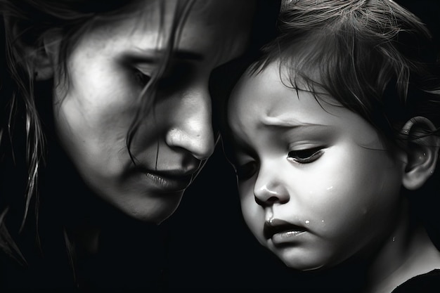 A strong reliable woman a mother protects a frightened little child from threat danger