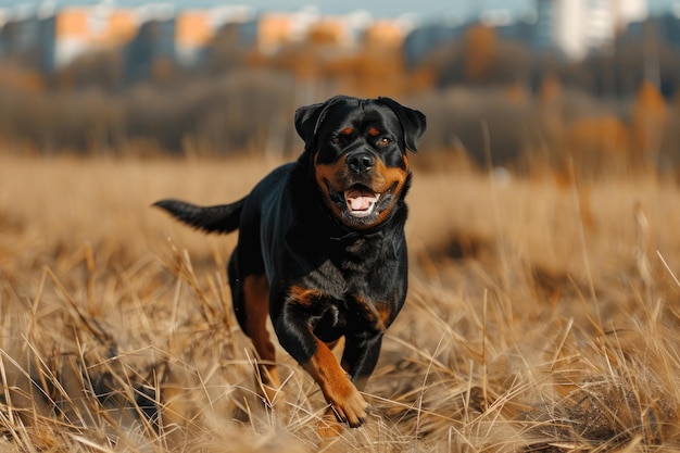 Strong rottweiler dog in the field in training