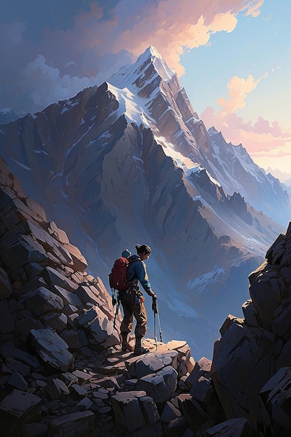 A strong wellbuilt mountain climber adjusting their gear at the base of a towering mountain just before dawn