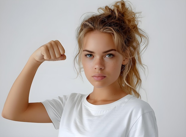 Photo strong woman in white tshirt