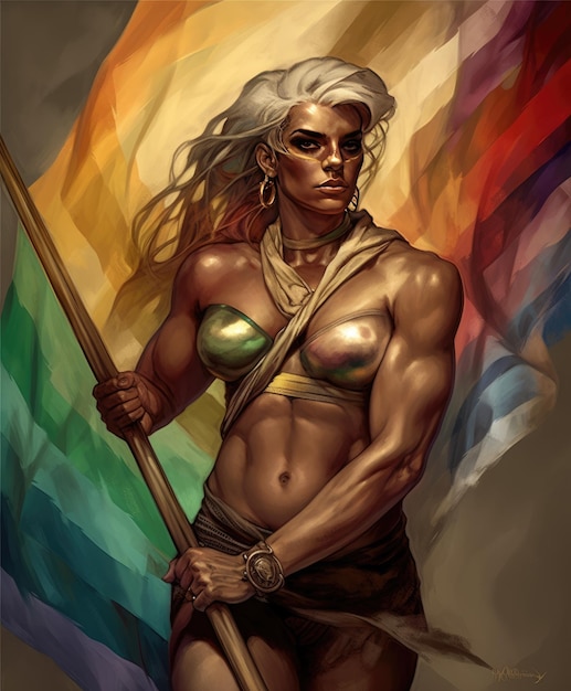 A strong woman with the colors of rainbow in the background