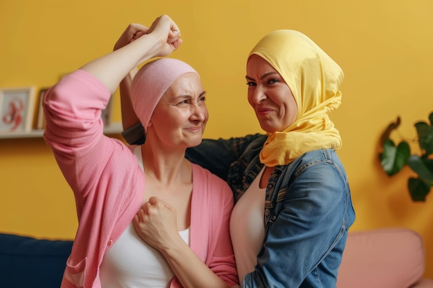 Photo strong women concept mother and daughter are fighting cancer