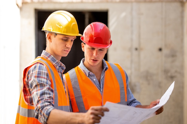 Structural engineer and construction manager dressed in work clothes and hard bats explore construction documentation on the building site . .