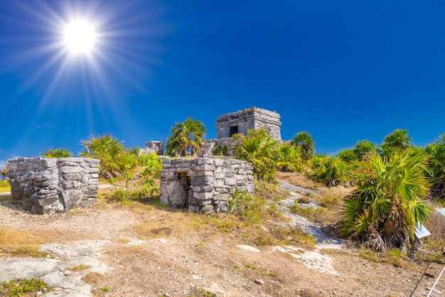 Structure 45 offertories on the hill near the beach Mayan Ruins in Tulum Riviera Maya Yucatan Caribbean Sea Mexico