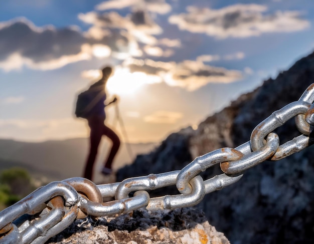 Photo struggle and overcoming obstacles featuring symbols like a person climbing a steep mountain a broken chain and a determined face symbolizing challenges perseverance and triumph