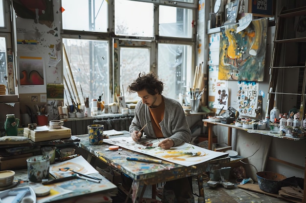 Photo a student artist working on a painting or sculpture in a studio