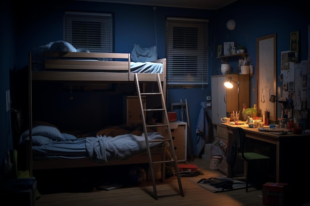 Student bedroom in dormitory at night with bunk bed desk and chair