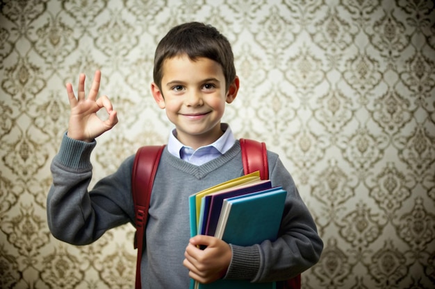 Student Boy with books showing ok sign