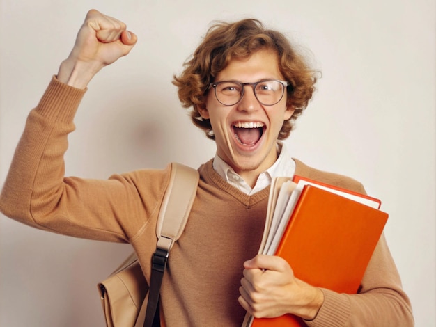 Photo student celebrating after passing a tough exam holding books and files cheering in victory