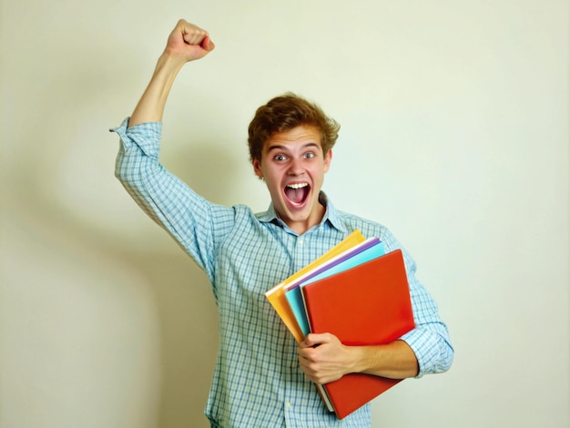 Photo student celebrating after passing a tough exam holding books and files cheering in victory