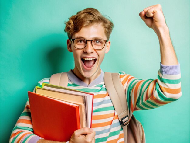 Photo student celebrating after passing a tough exam holding books and files cheering in victory