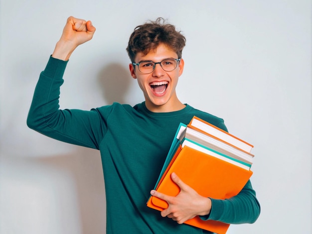 Photo student celebrating after passing a tough exam holding books and files cheering in victory