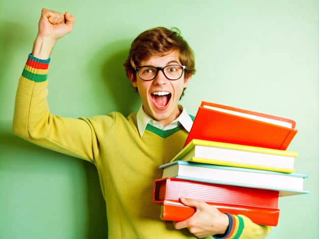 Photo student celebrating after passing a tough exam holding books and files cheering in victory