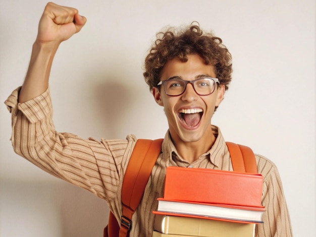 Photo student celebrating after passing a tough exam holding books and files cheering in victory