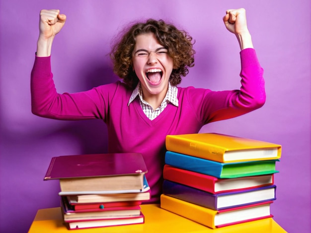 Photo student celebrating after passing a tough exam holding books and files cheering in victory