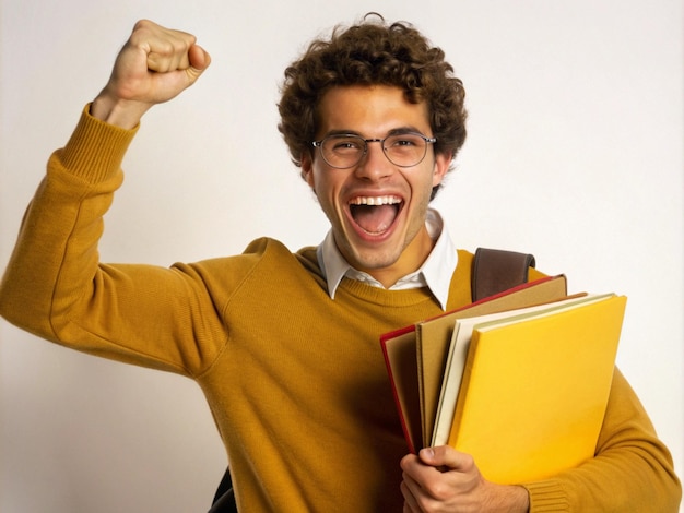 Photo student celebrating after passing a tough exam holding books and files cheering in victory