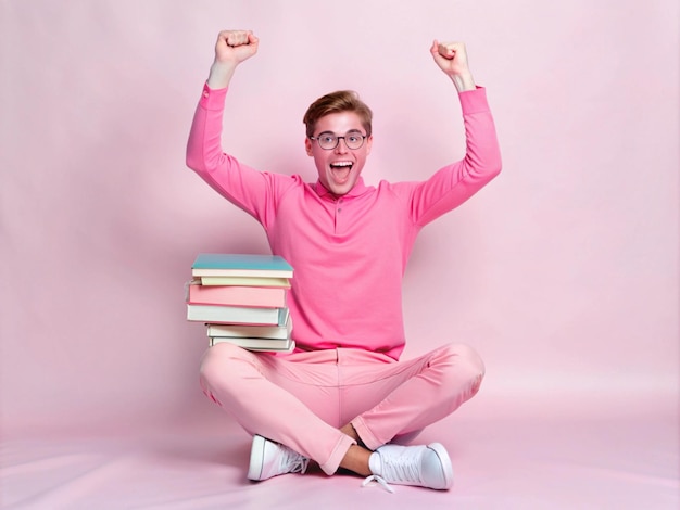 Photo student celebrating after passing a tough exam holding books and files cheering in victory