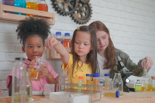 Student in classroom young girl happy funny study and play with experimenting in class