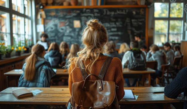 Student in a Classroom A young woman sits at a desk in a classroom facing a blackboard filled with writing Other students are seated at desks nearby