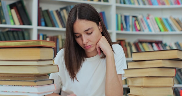 Student collecting information from different books Caucasian girl in white tshirt gathering data for the paper Self education concept