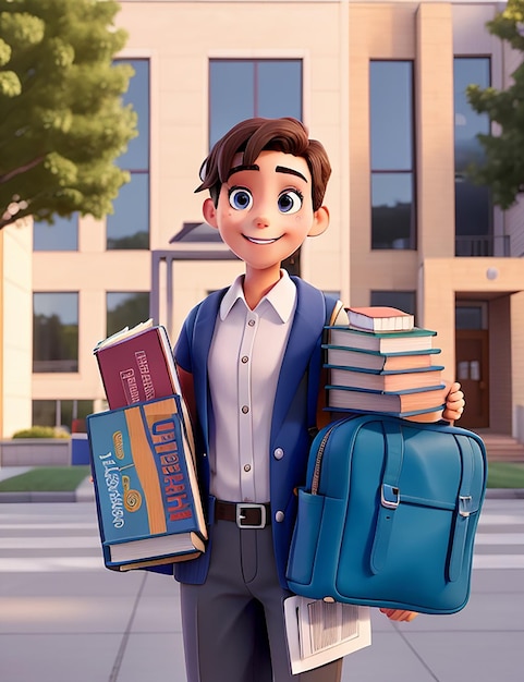 A student in a crisp new uniform standing in front of a chalkboard with a smile of anticipation