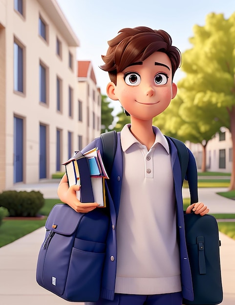 A student in a crisp new uniform standing in front of a chalkboard with a smile of anticipation