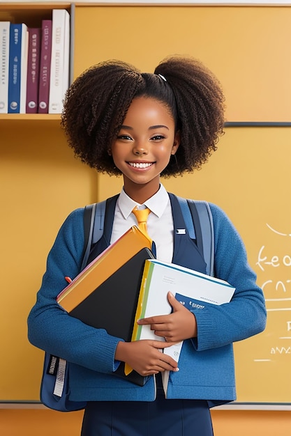 A student in a crisp new uniform standing in front of a chalkboard with a smile of anticipation