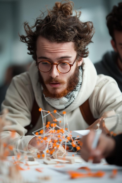 Photo student engaged in building a model during a collaborative workshop at an educational facility