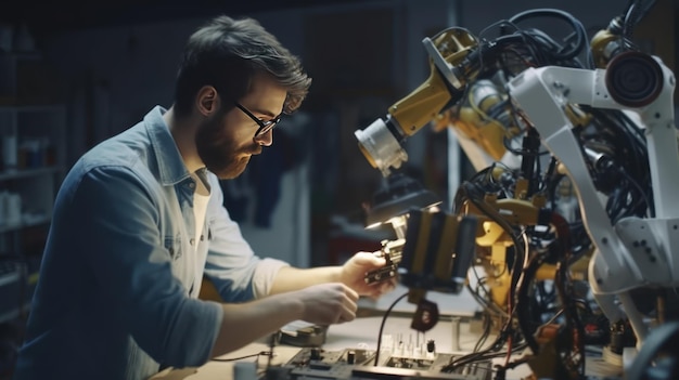 Student engineer Assembling Robotic Arm with computer in Technology Workshop Service Engineer Holding Robot Controller