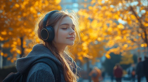 Photo student enjoying music with headphones while walking through an autumn park in late afternoon light