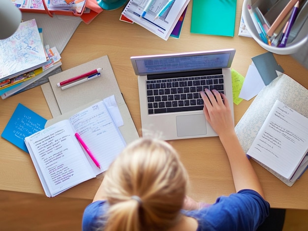 Photo a student focuses on studying at a table with books and a laptop