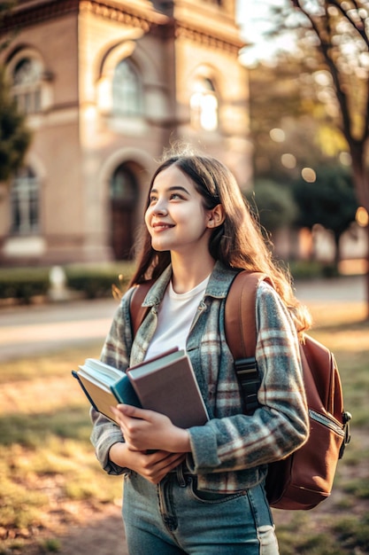 Student girl looking to side in park holding note books wearing backpack