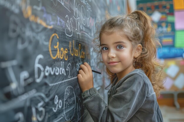 Photo student girl writing on the chalkboard in the classroom at school