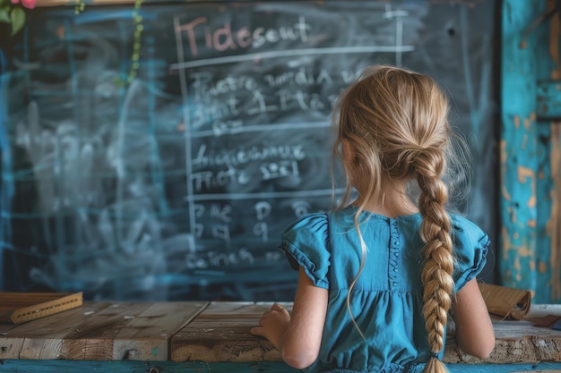 Photo student girl writing on the chalkboard in the classroom at school