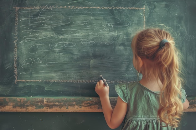 Photo student girl writing on the chalkboard in the classroom at school