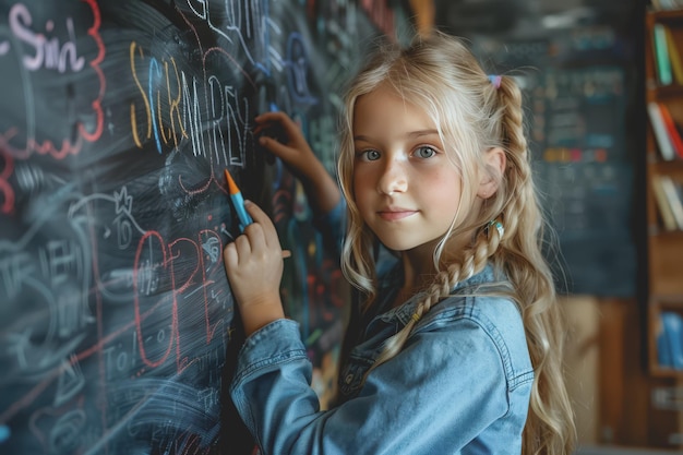 Photo student girl writing on the chalkboard in the classroom at school