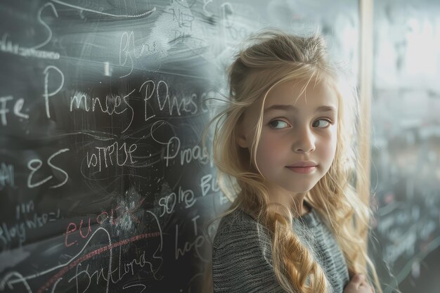 Photo student girl writing on the chalkboard in the classroom at school