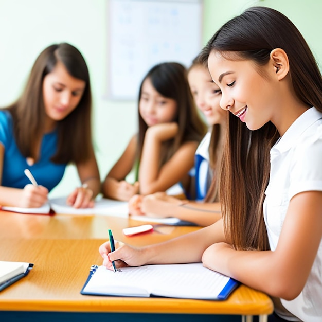 Student girls learning a language at school